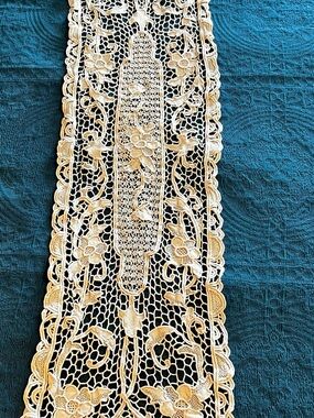Vintage Antique Hand Crafted Handmade Cream Crochet Lace Table Runner 38” Long